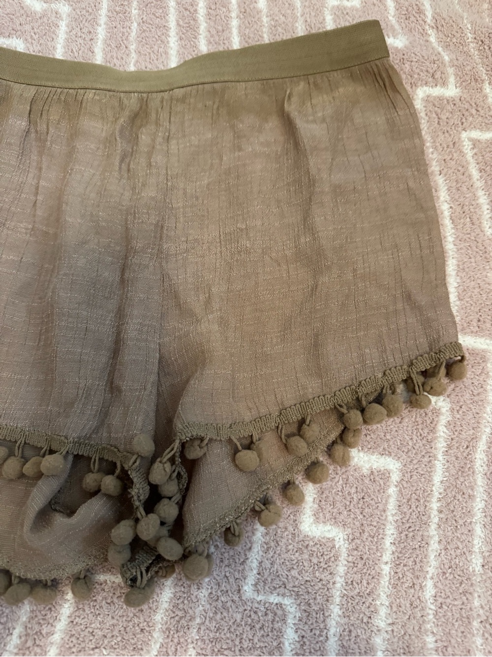 Brown Linen-Blend Pom Pom Trim Shorts - Picture 2 of 3